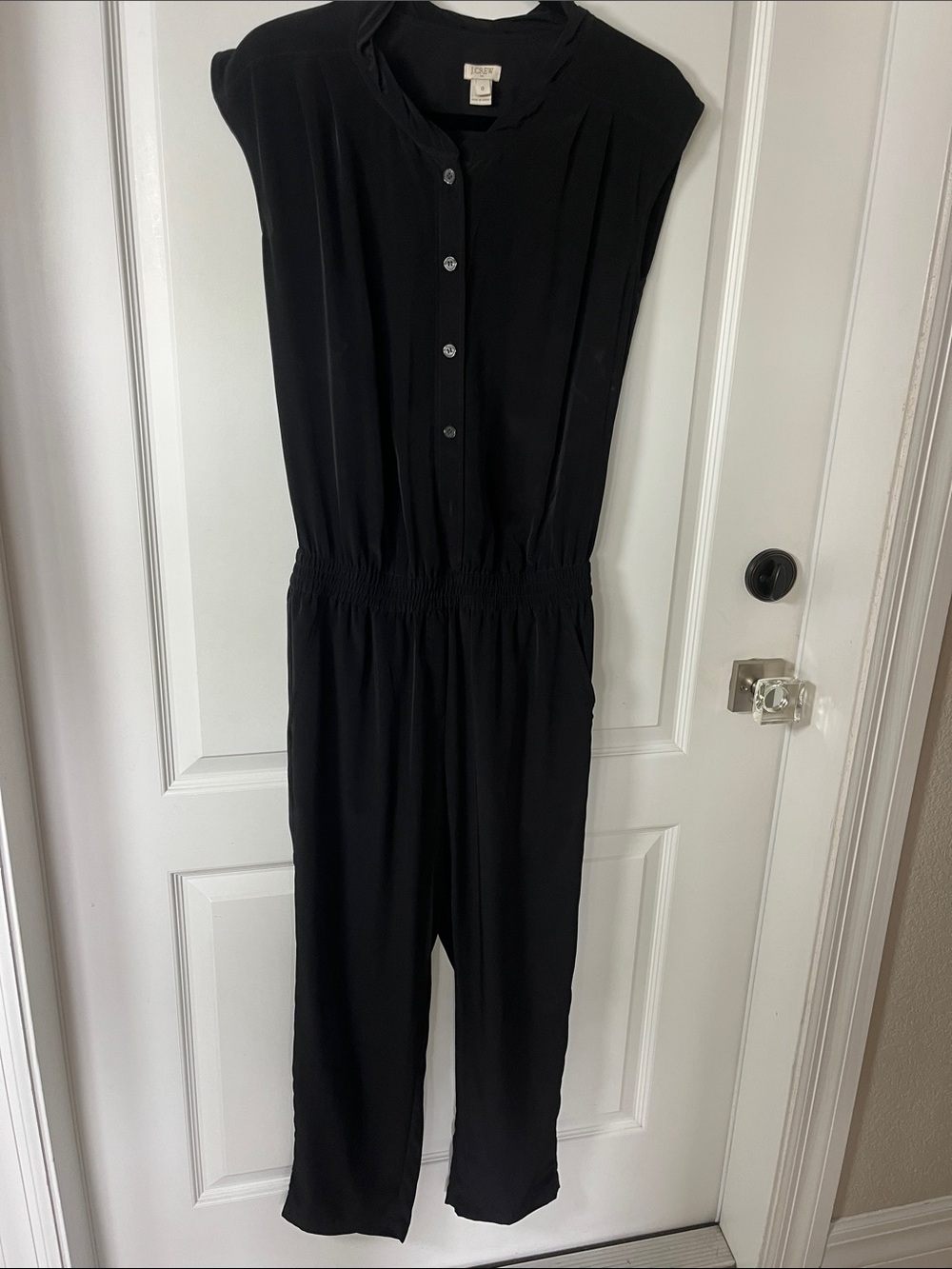 EUC J.Crew black short sleeve elastic waist, button-down jumpsuit size 0